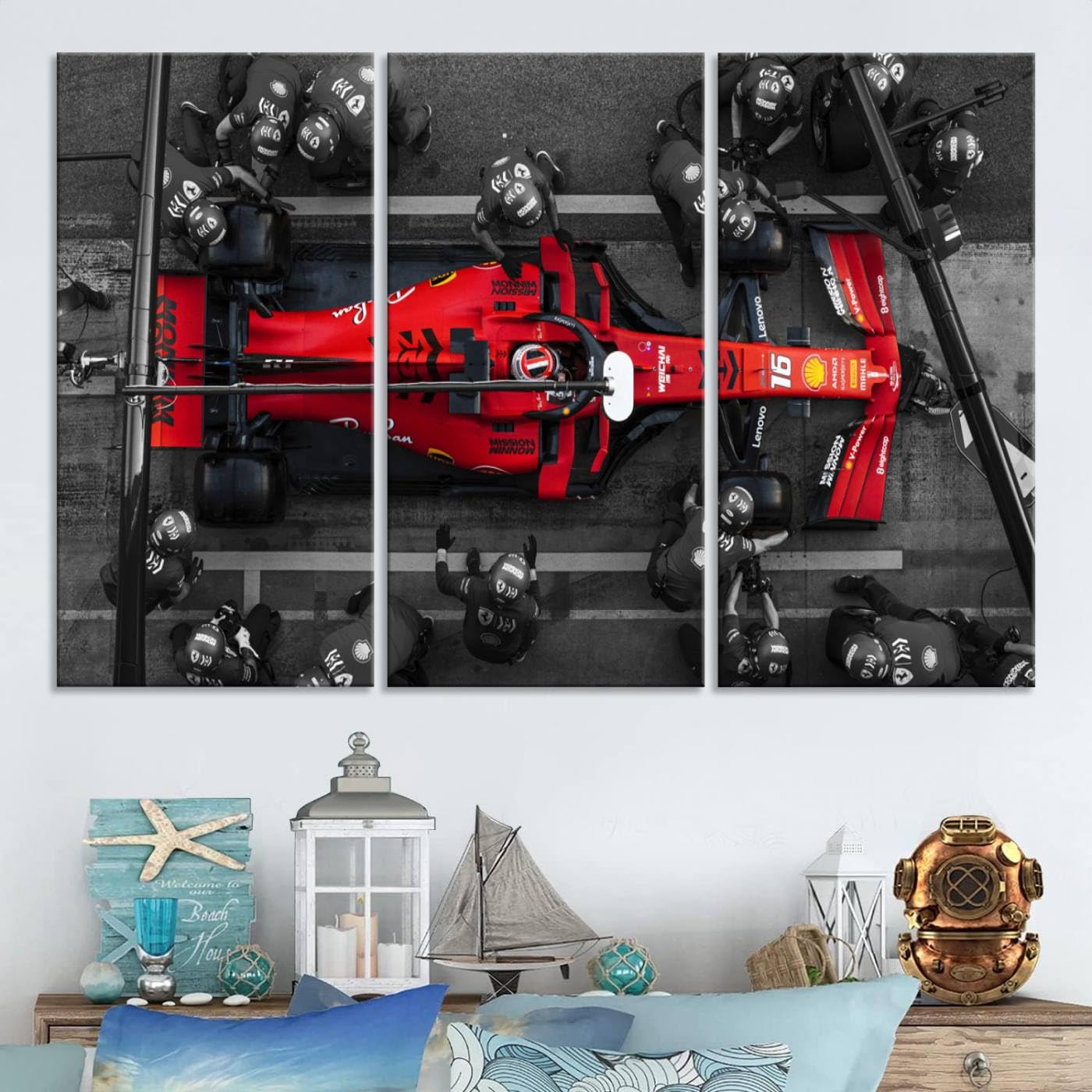 Sami Eymur Ferrari Formula 1 Pit Stop Wall Art Canvas Print | 3 Panel Large Racing Car Wall Decor for Living Room, Office, Man Cave, Dorm, Ready to Hang | 3 Panels (ONLY)/Total 48x32
