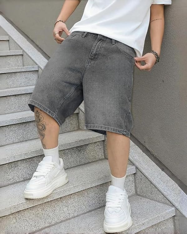 LuminBlaze Mens Baggy Jean Shorts Loose Fit Vintage Wide Leg Jorts Y2K Streetwear Hip Hop Casual Long Denim Shorts by LuminBlaze - Image 3