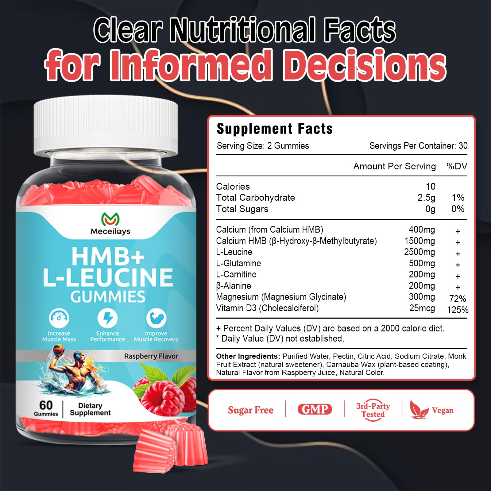 Hmb and Leucine Gummies Supplements for Men Women, 4000mg HMB & L-Leucine Amino Acid for Muscle Growth & Fast Work0ut Recovery, Non-GMO, Gluten-Free, Raspberry Flavor, 60 Count — Amazon image 2