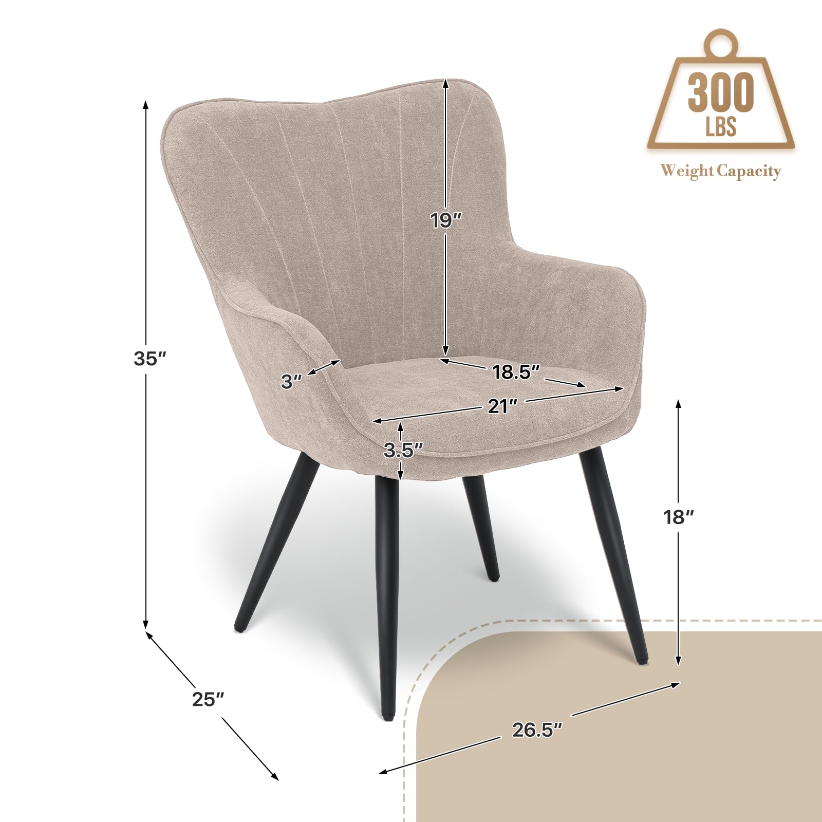 Athena Collection Wingback Accent Chair - Beige Linen Armchair With Metal Legs For Living Room Or Bedroom