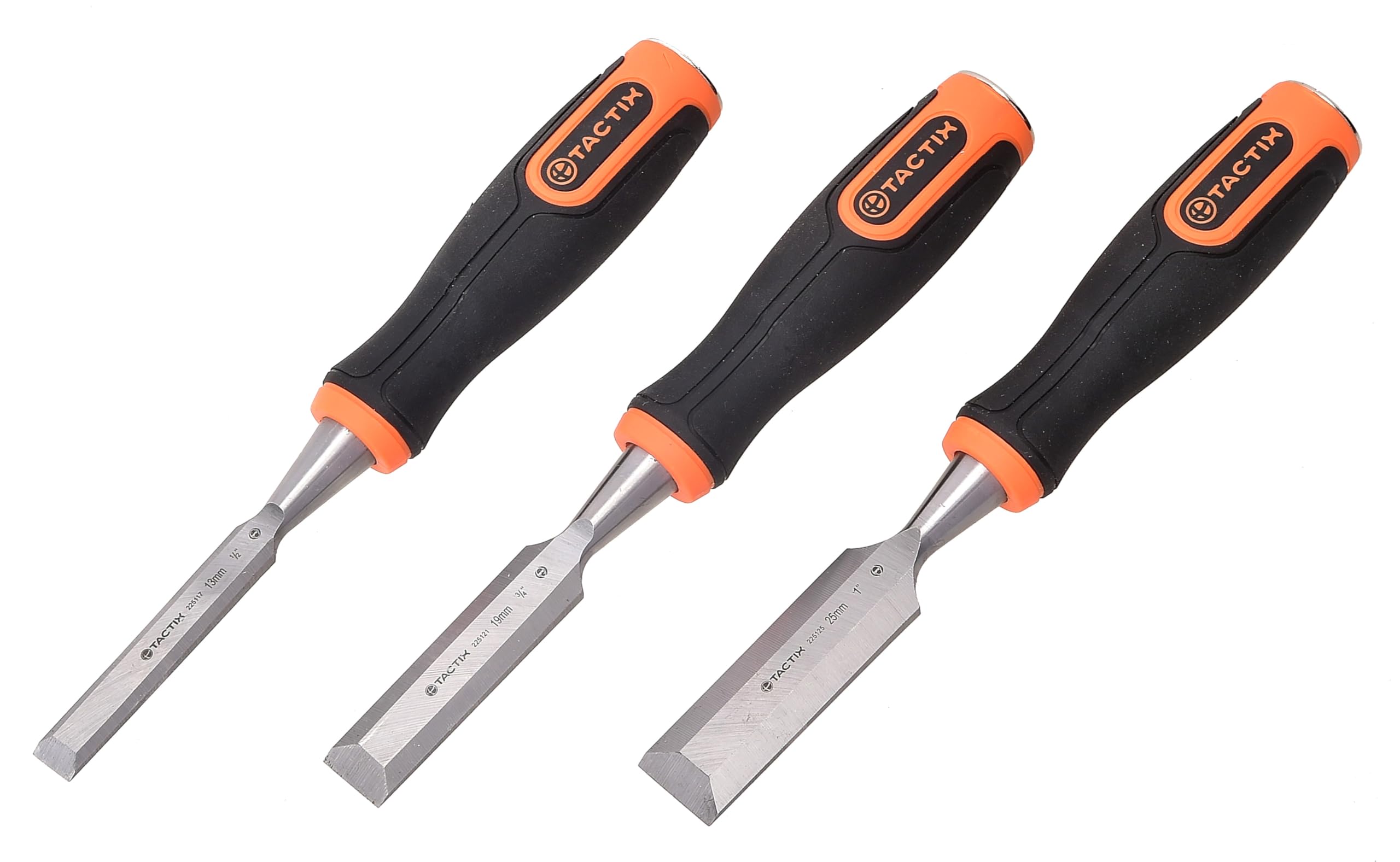 Tactix Chisel Wood 3 Piece Set - Chrome-Vanadium Steel Blades for Durability - Non-Slip Bi-Material Handle for Enhanced Grip - Includes 13, 19 and 25 mm Blades - Ideal for Woodworking- 225501