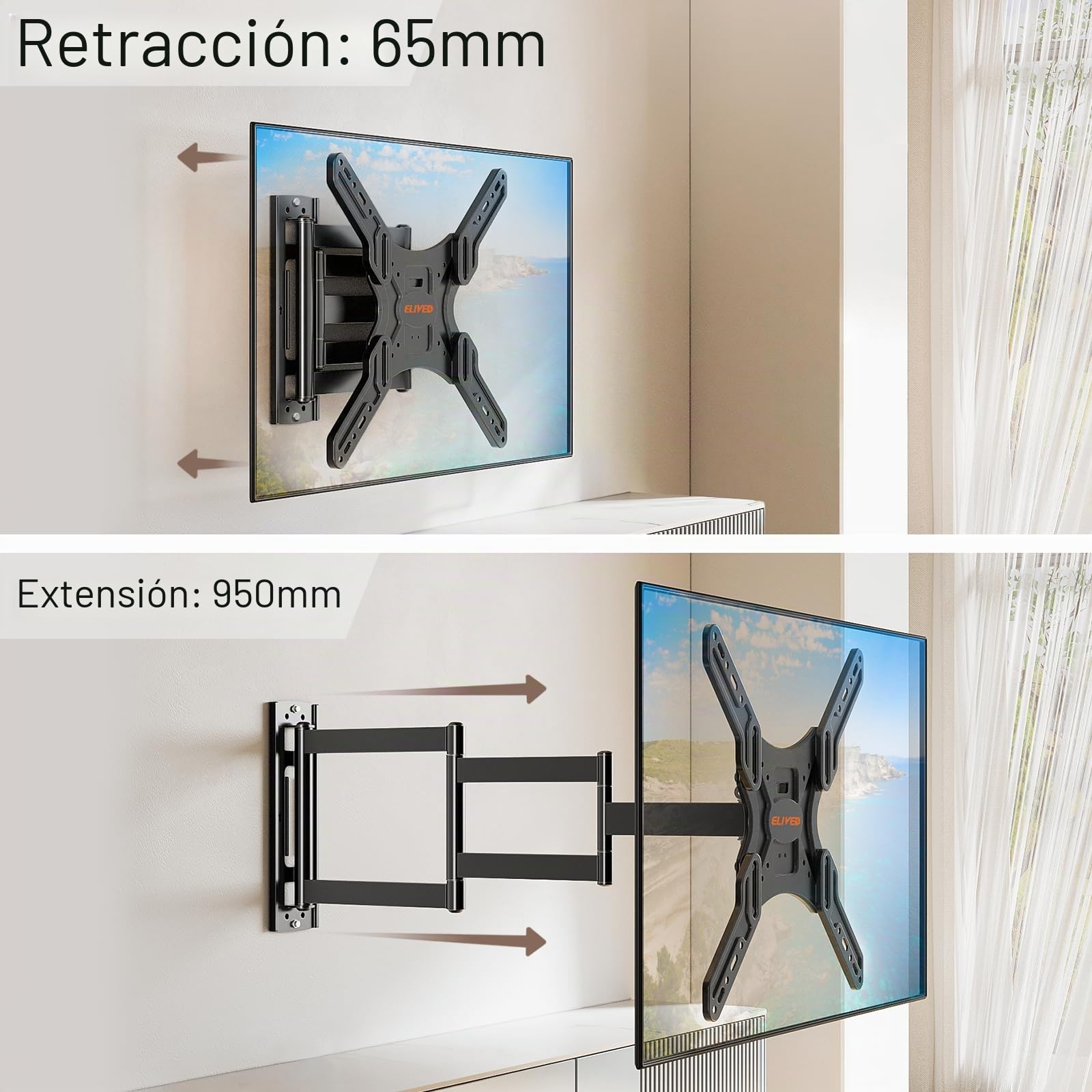 ELIVED Soporte de pared para televisores de 26 a 65 pulgadas (950 mm) | Soporte para TV de esquina extensible, máx. VESA 400 x 400 mm, soporta hasta 35 kg, EV3018