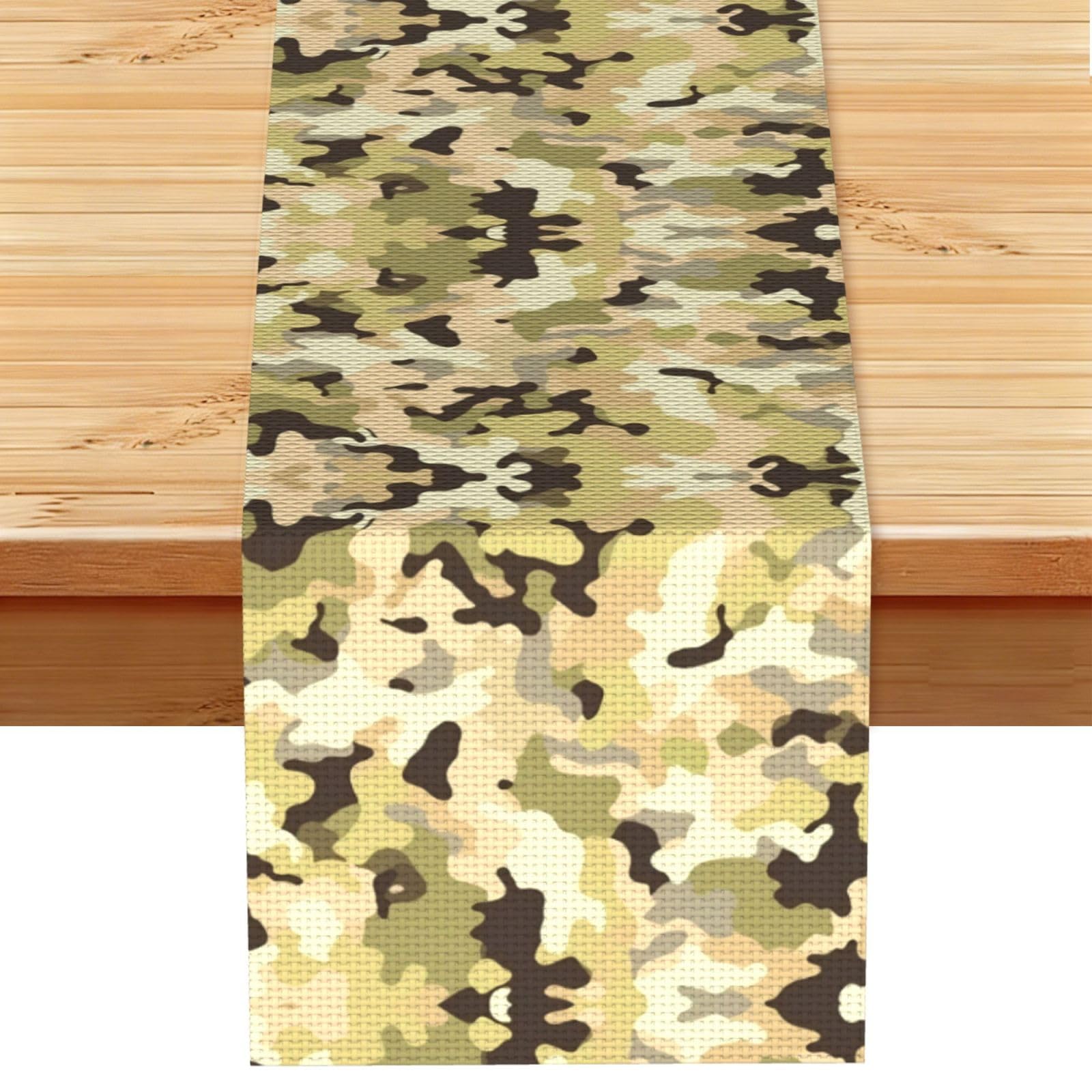 Warm Tan Olive Camo Printed Table Runner 13 x 72, Wrinkle Resistant Decor for Dining Table Coffee Table Fireplace