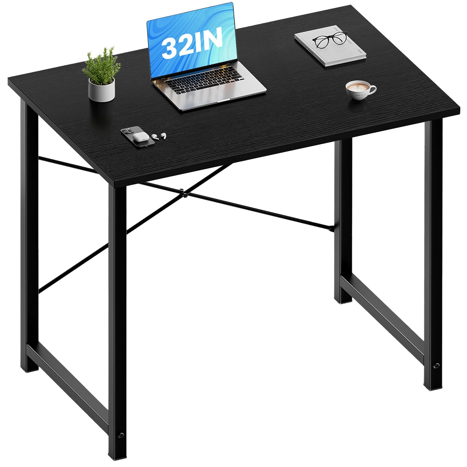 Small Computer Desk for Home Office, 32 Inch Writing Desk for Small Spaces, Study Table with X-Shaped Reinforcement, Sturdy Bedroom Table with Scratch-Resistant Tabletop & Metal Frame, Black