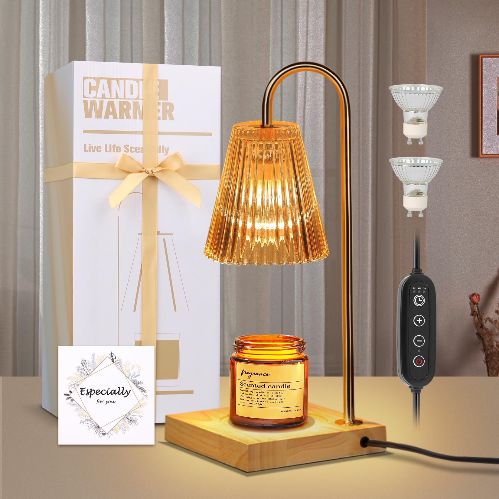 CHENBENCandle Warmer Lamp with Timer, Electric Dimmable Candle Lamp Warmer Flameless Wax Melting Lamp for Small Large Fragrance Jar Candles, Gifts for Women, Home Decor with 2x50W Bulbs