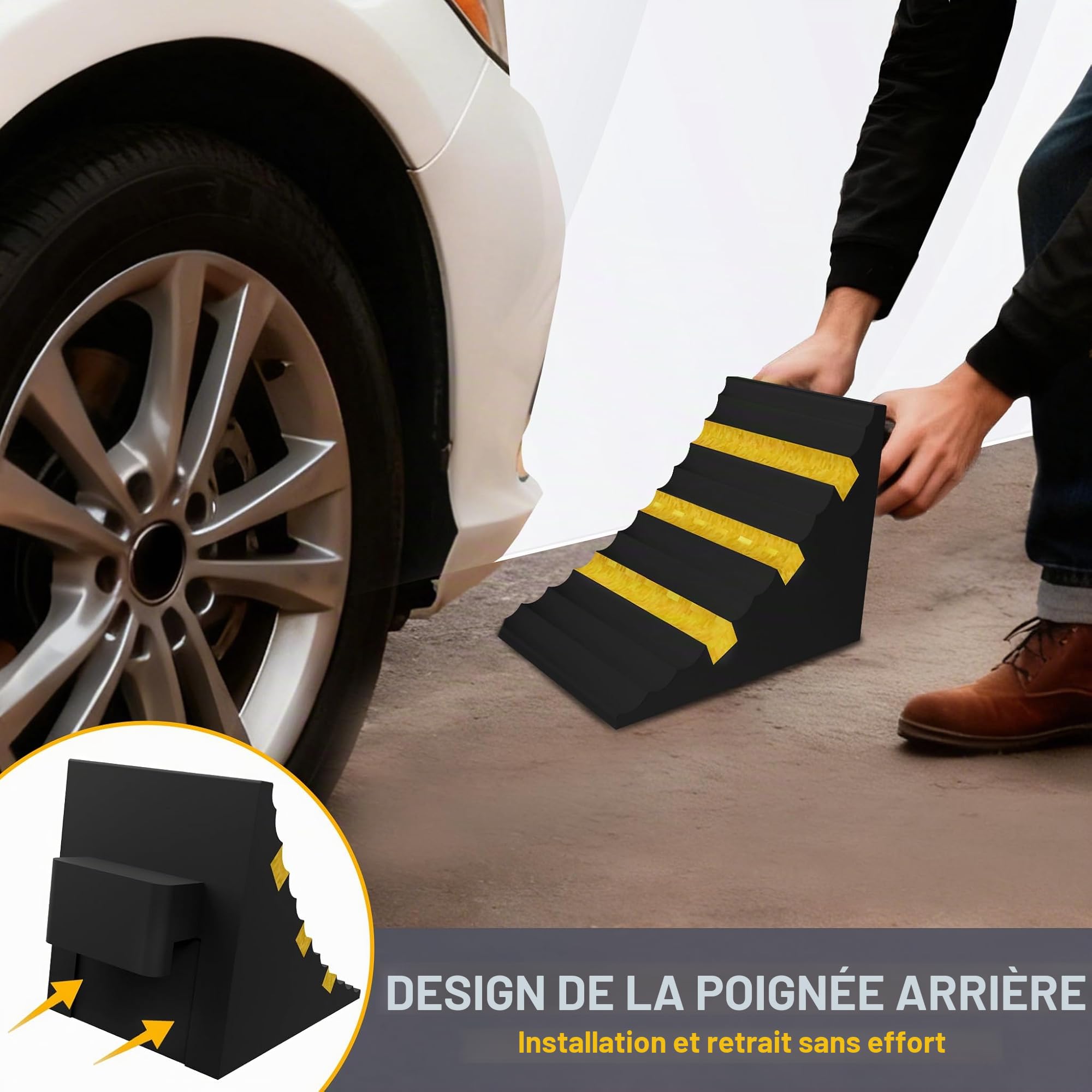 XMTECH Lot de 2 cales de roue en caoutchouc - Extra solides et antidérapantes pour voiture, SUV, camping-car, camion et remorque, bandes de sécurité réfléchissantes, faciles à manipuler, empêchent le
