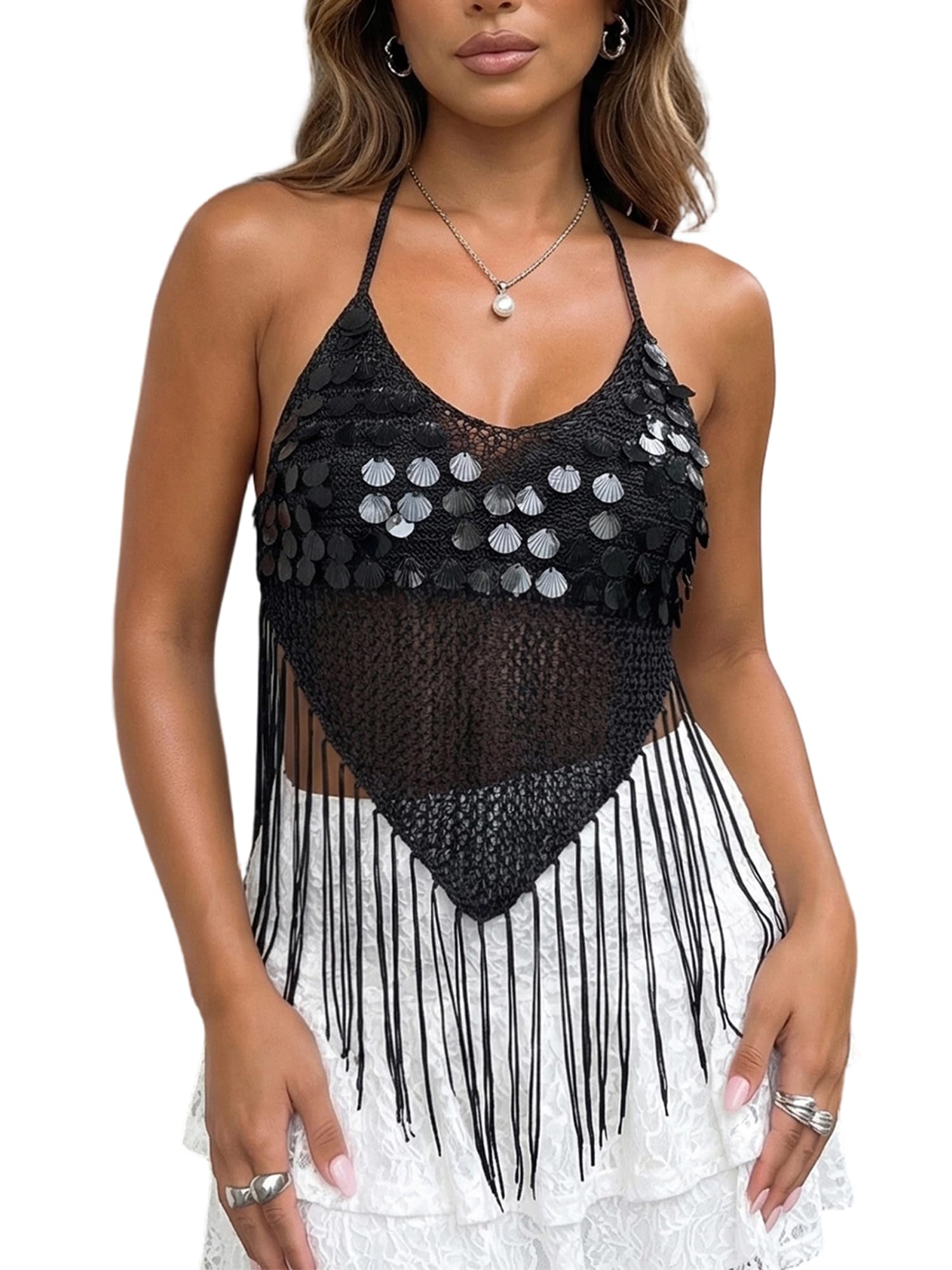 Women's Sequin Shell Fringe Halter Top Crochet Openwork Tassel Crop Tops Backless Tie Boho Vest for Beach Party Wear (A-Black, L)