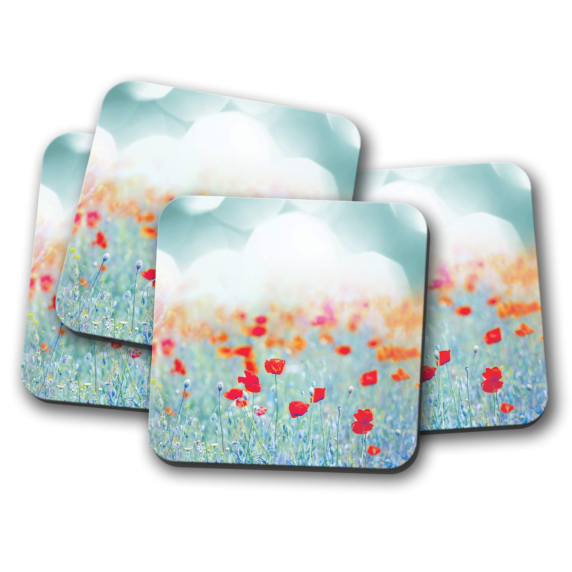 Destinationvinyl Multicolor 4 Set - Beautiful Poppy Field Coaster - Flowers Garden Pretty Mum Fun #8865