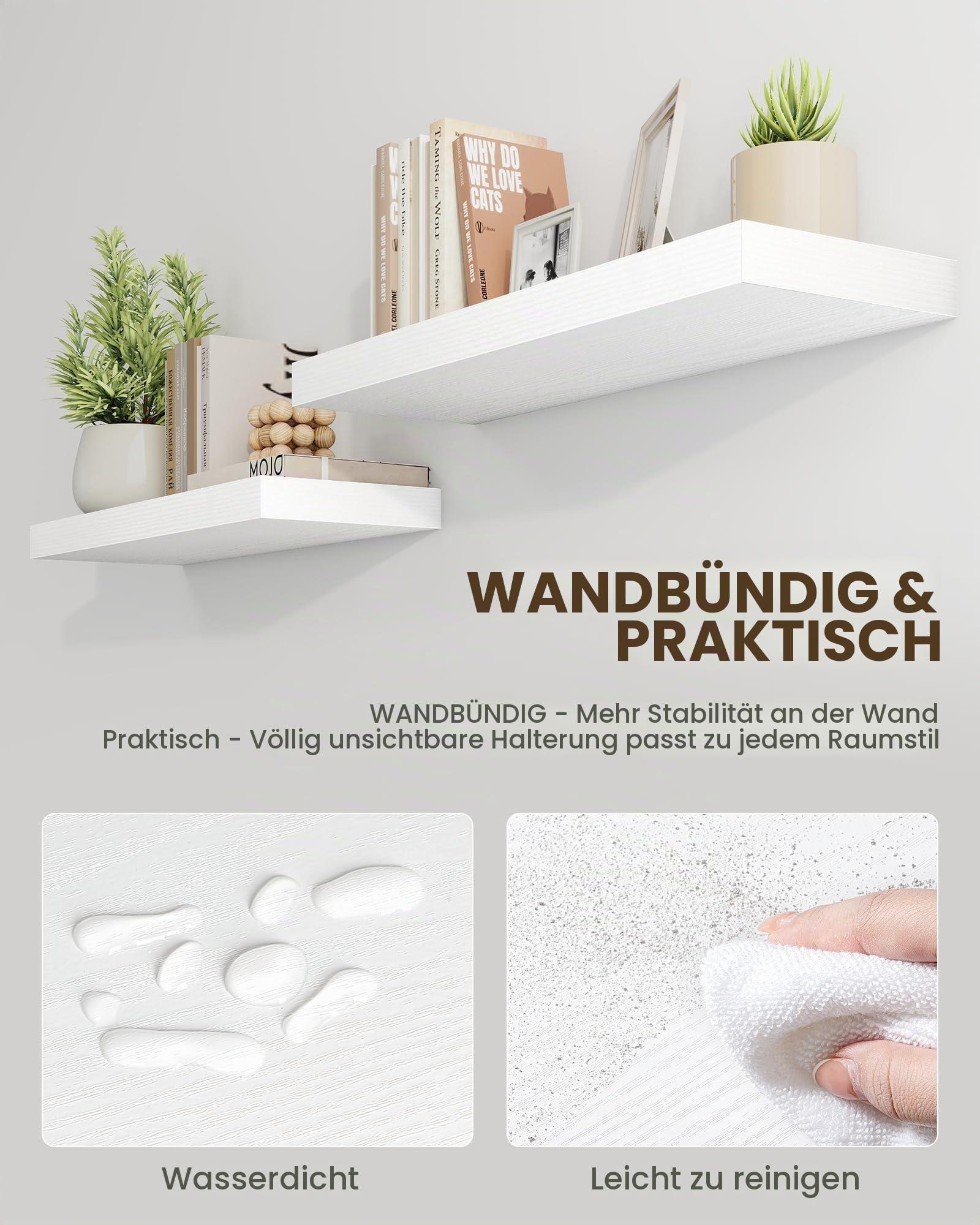Marsmiles 100 cm Schwebende Regale für die Wand, Holzregale mit unsichtbaren Halterungen, rustikales Bauernhaus, Wandregal für Küche, Badezimmer, Wohnzimmer, Arbeitszimmer, 2 Stück, Weiß