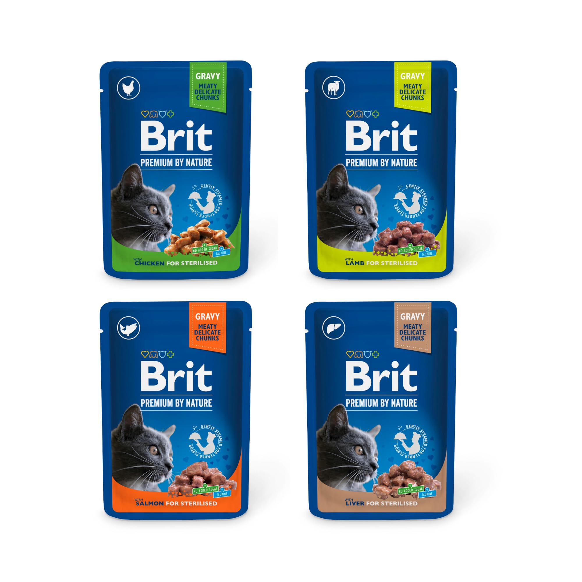 Brit Premium Nassfutter für Katzen, Sparpaket, 4 Sorten, 40 x 100 g | Cremige Textur, gut verträglich, in Dosen, angereichert mit Nährstoffen, 4 Sorten, mit Fisch & Fleisch, Sparpaket
