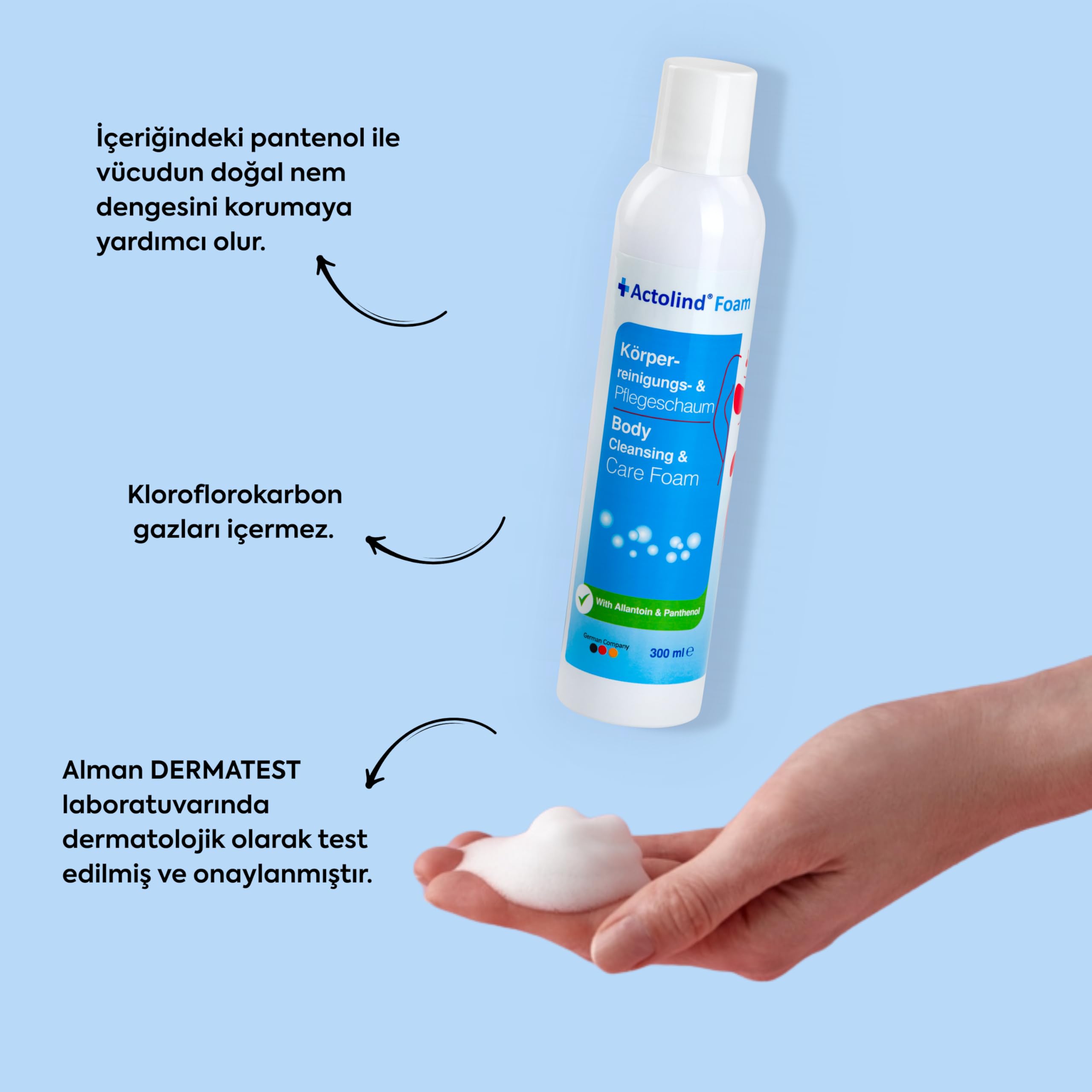 ACTOLIND® Foam 300 ml – Durulama Gerektirmeyen Vücut Temizleme ve Bakım Köpüğü | Panthenol ve Allantoin İçerikli | Hassas Ciltler İçin Uygun | Dermatolojik Olarak Test Edilmiştir