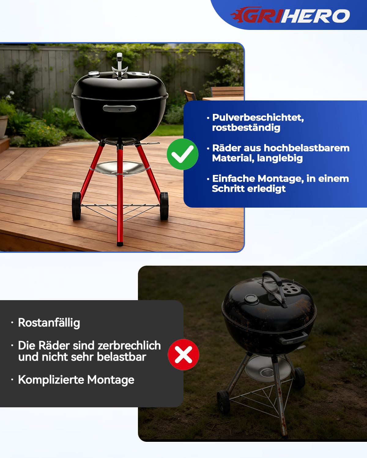 Gambe anteriori e ruote per barbecue Weber Kettle, gambe anteriori rosse