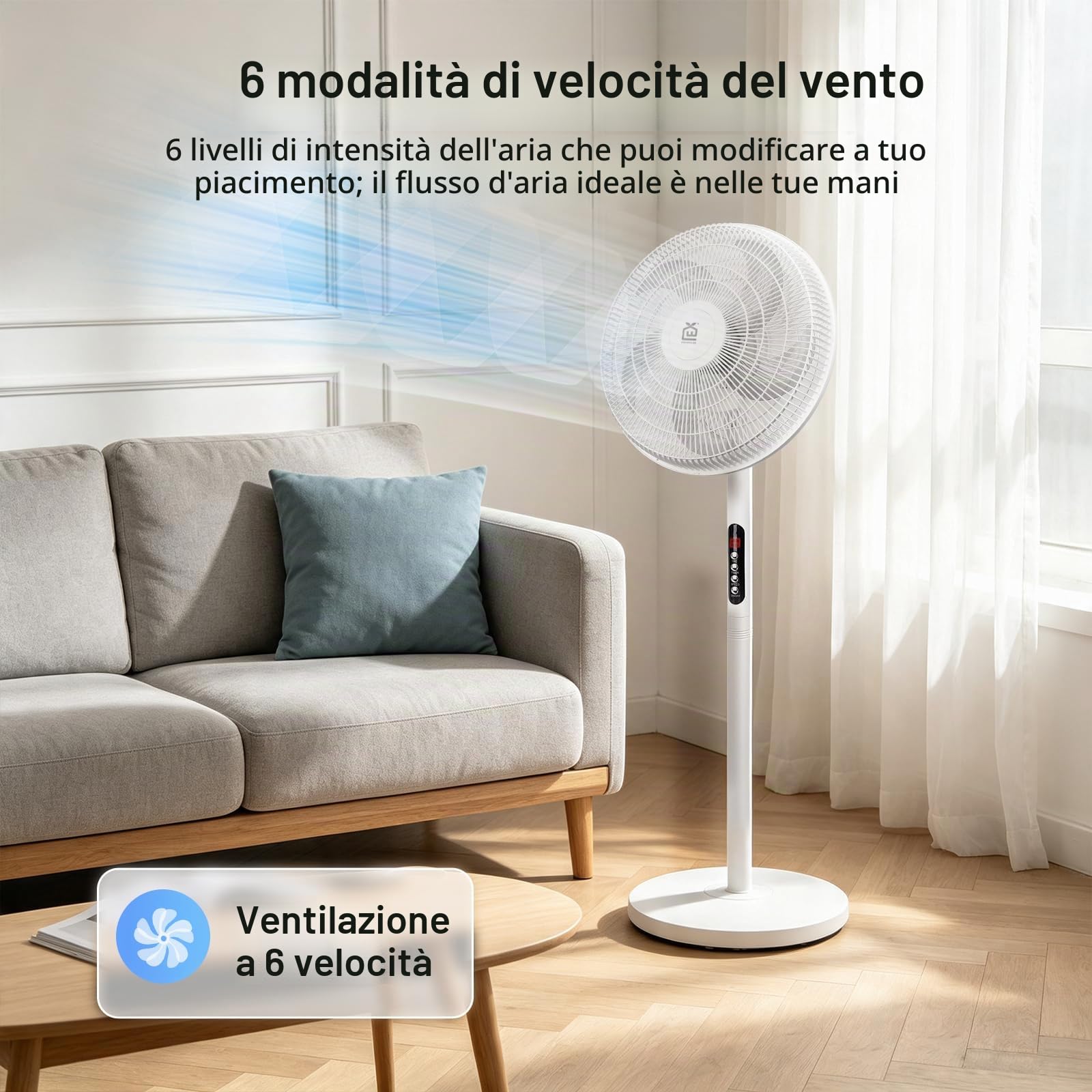 EXTRASTAR Ventilatore a piedi Altezza regolabile 116cm, 6 velocità, Oscillazione 70°, Telecomando, Minutario 9h, Flusso d'aria Grande angolo, Silenzioso, Uso Domicile Ufficio Camera