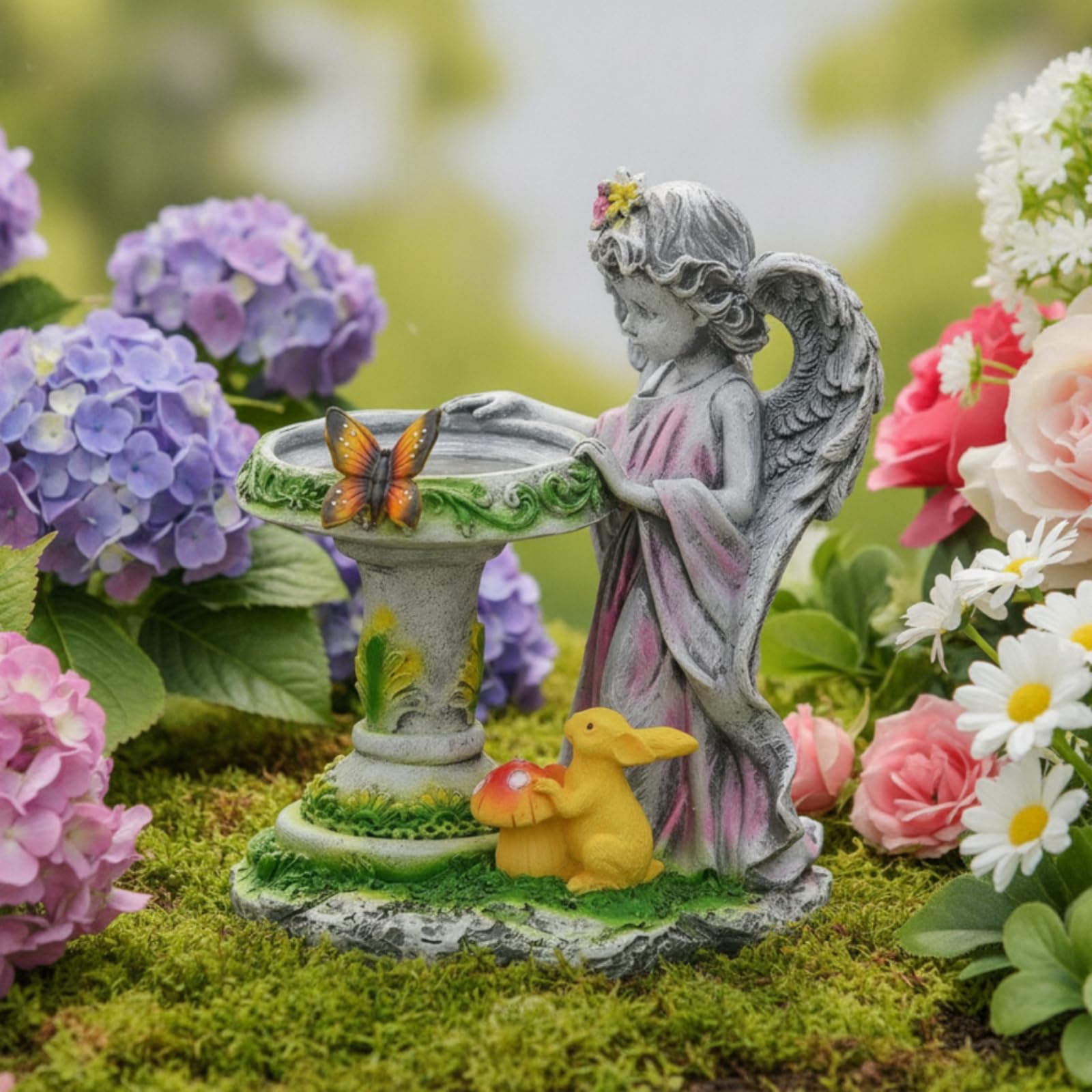 Scultura Angelo da Giardino con Bacinella Alimentata Dal Sole Resina Resistente Agenti Atmosferici Decorazione con Panneggio E per Terrazza Aiuola Cortile Ingresso Esterno
