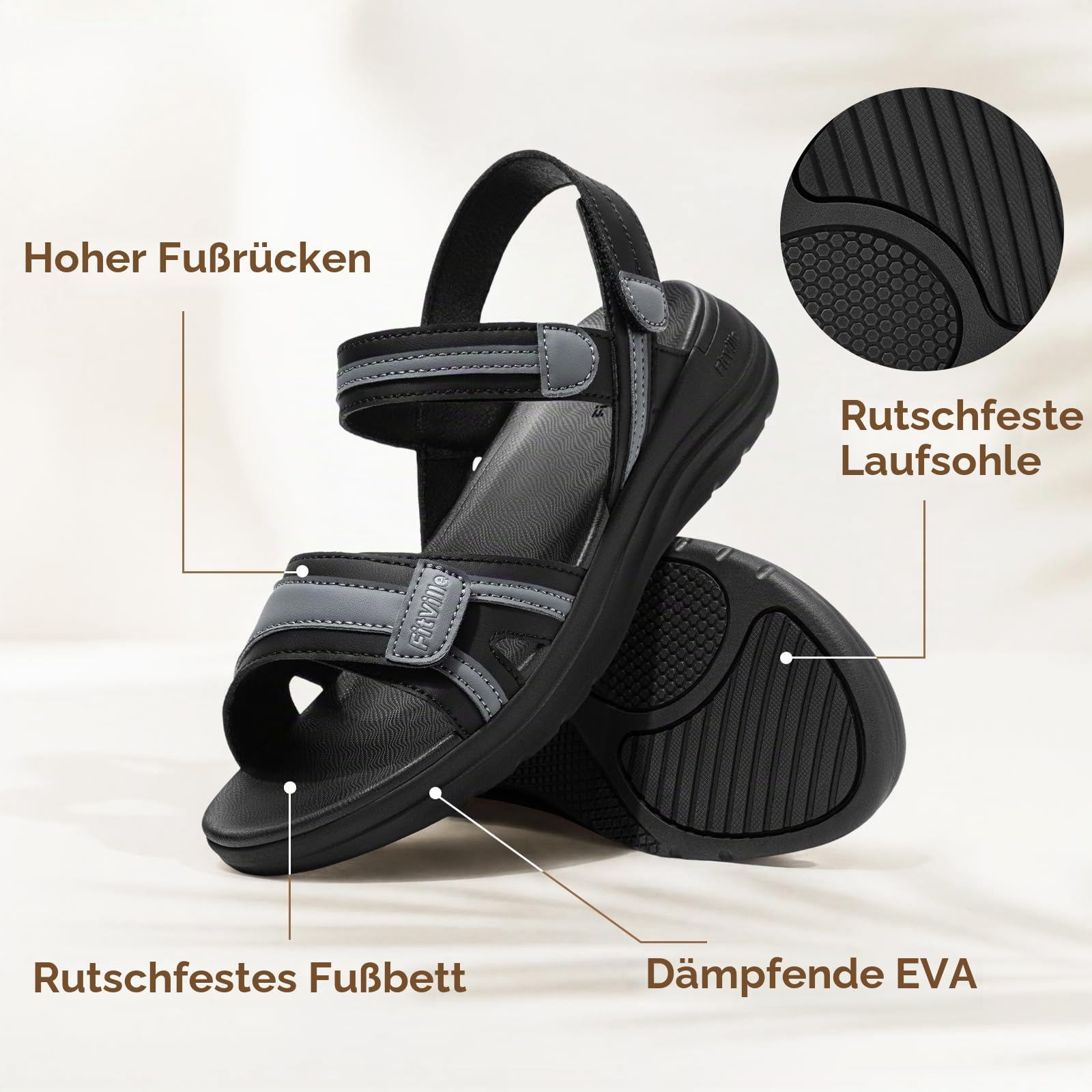 FitVille Sandalen Damen Weit Sommer Bequem Senioren Sandaletten Leicht Frauen Offenen Sandalen mit Klettverschluss Slides Sandalen Flach Outdoorsandale Verbandschuhe für Geschwollen Füße Gr.35.5-42.5