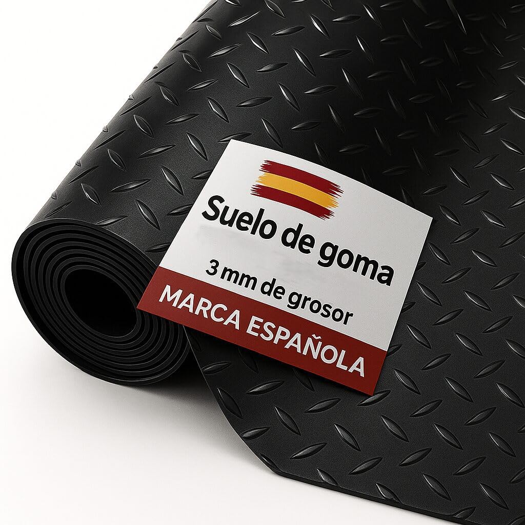 Exma Suelo Gimnasio Caucho Ancho 120cm - Suelo de Goma Seguro - Losetas para Suelo Antideslizante - Plancha de Goma plástico para maleteros y Taller - Corte por Metros [Diamantes 3mm]