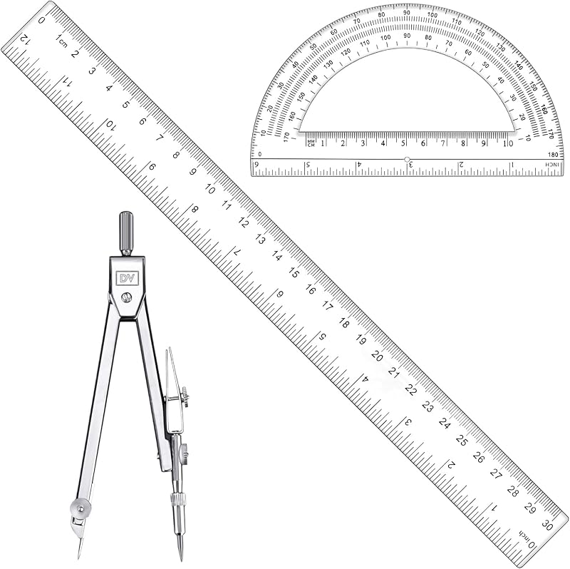 3 Pcs Clear Protractor and Compasses Set, Plastic Clear Ruler 12 Inch | Professional Geometry Set, 6 Inch Protractor ,Durable Transparent Drawing Measuring Rulers for School Office