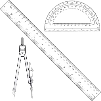 3 Pcs Plastic 12 Inch Ruler, Clear Protractor and Compasses Set for Student Geometry, Durable Transparent Drawing Measuring Rulers for School Office