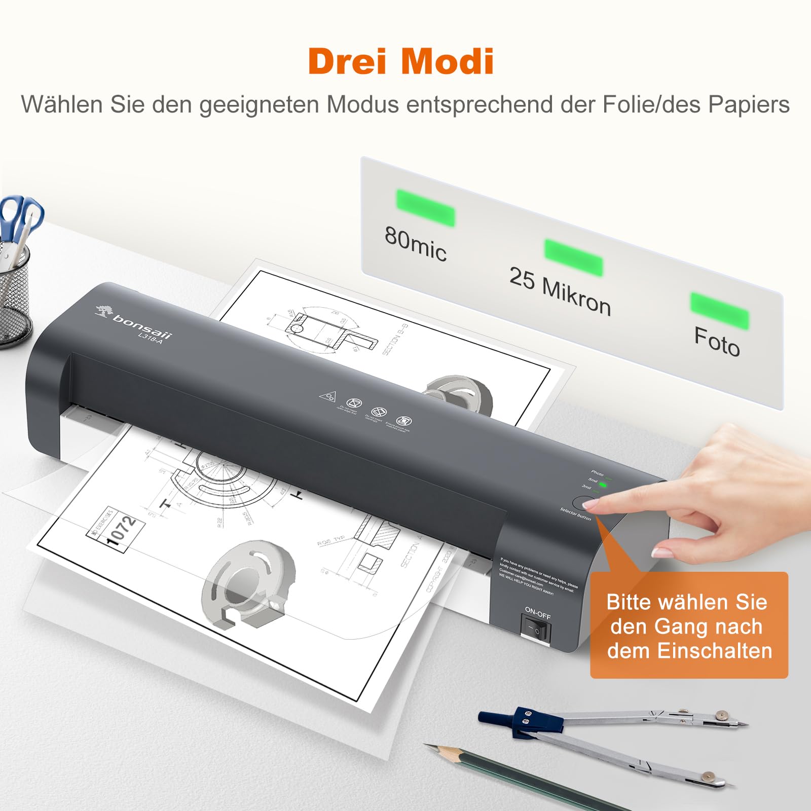 Bonsaii A3 Laminiergerät, staufreie Technologie, 5-in-1 Set mit 10 Folien, Papierschneider & Eckenabrunder, NTC-Temperaturregelung, bis 330 mm, Laminieren für Zuhause, Büro & Schule (L318-A)