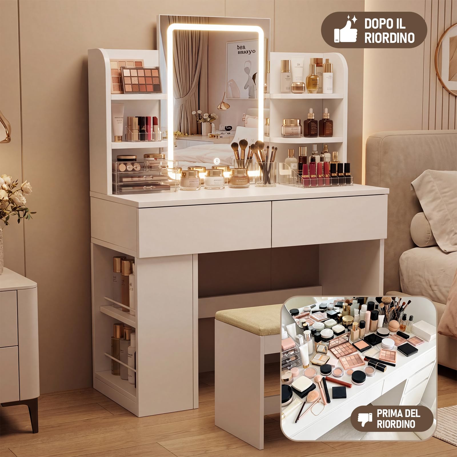 JUMMICO Toeletta con Specchio LED, Luminosità Regolabile, Tavolo da Trucco 90 cm con 2 Grandi Cassetti, 6 Ripiani Aperti, Vano Laterale, Mobile per Camera da Letto (Bianco, Con Sgabello)
