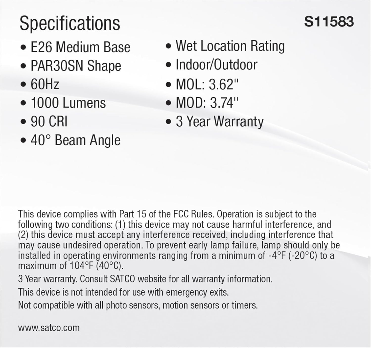 Satco S11583; 11 Watt PAR30SN LED; Medium Base; Silver Finish; CCT Selectable; 120 Volt; 40 Degree Beam Angle; 11PAR30SN/LED/5CCT/FL/120V (6 LED Bulbs)