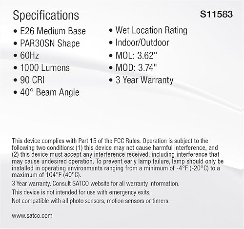 Miniatura 5 de Satco S11583 LED PAR30SN de 11 vatios base media acabado plateado CCT seleccionable 120 voltios ángulo de haz de 40 grados 11PAR30SNLED5CCTFL120V