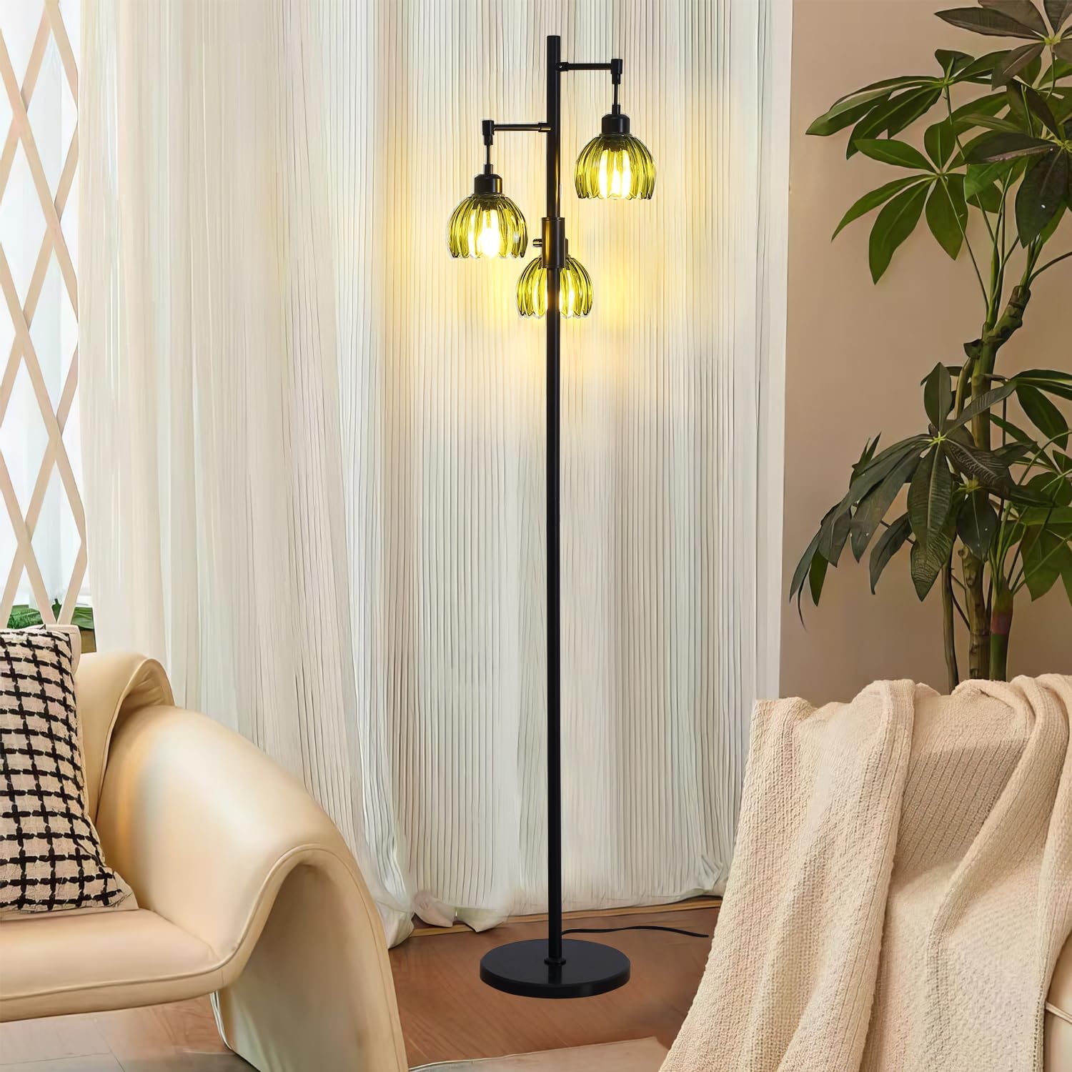 Dimmable Floor Lamp,3-Light Vintage Retro Tree Floor Lamp with Black Finish,Farmhouse Standing Lamp with 3 Green Glass lampshades for Living Room Bedroom