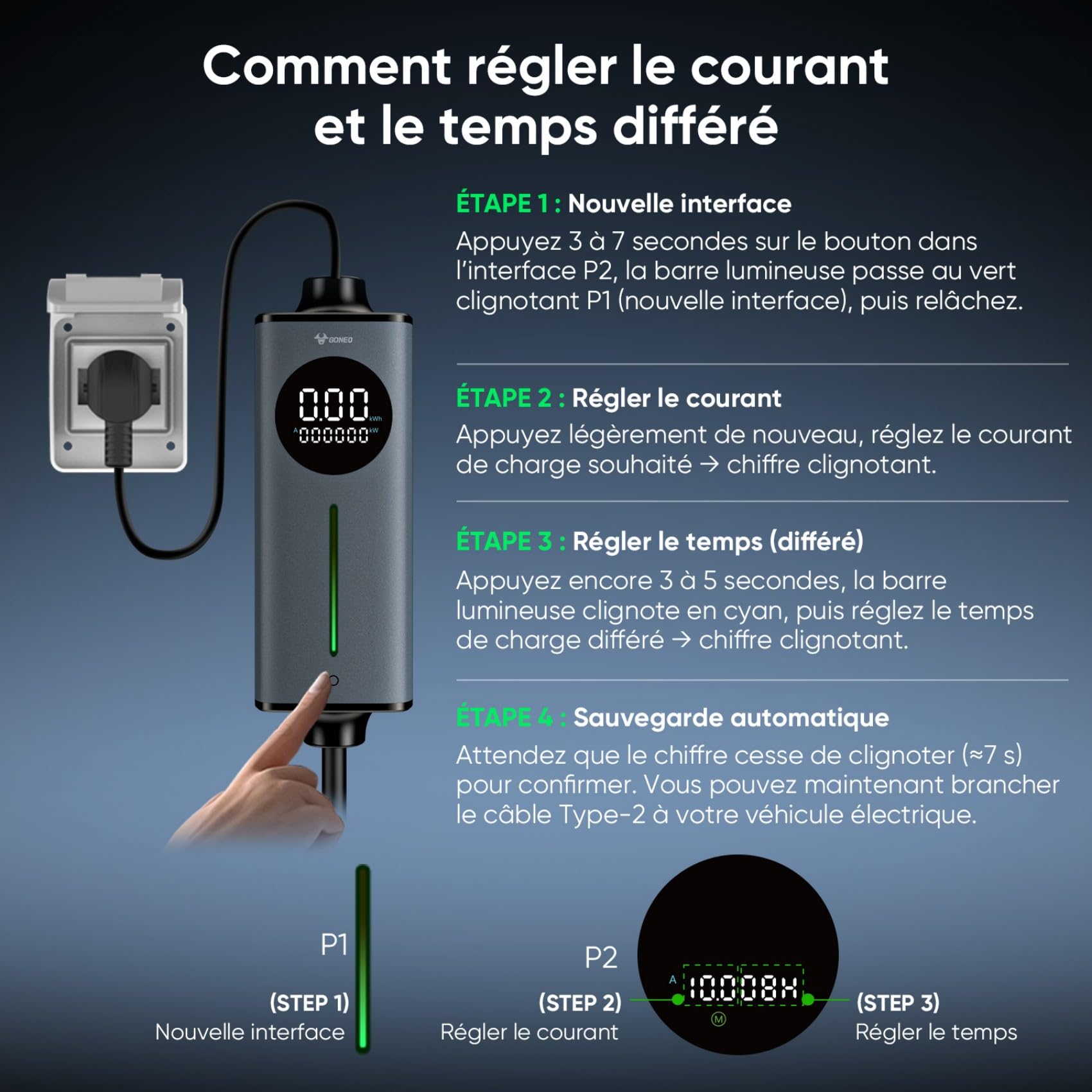 GONEO 8M Cable Recharge Voiture Electrique Type 2 monophasé,Schuko 3,68kW EV Chargeur Portable,Détection de Fuite AC 30mA+DC 6mA & Surveillance Température,Réglage 6A/8A/10A/13A/16A,Minuteur 0-8H