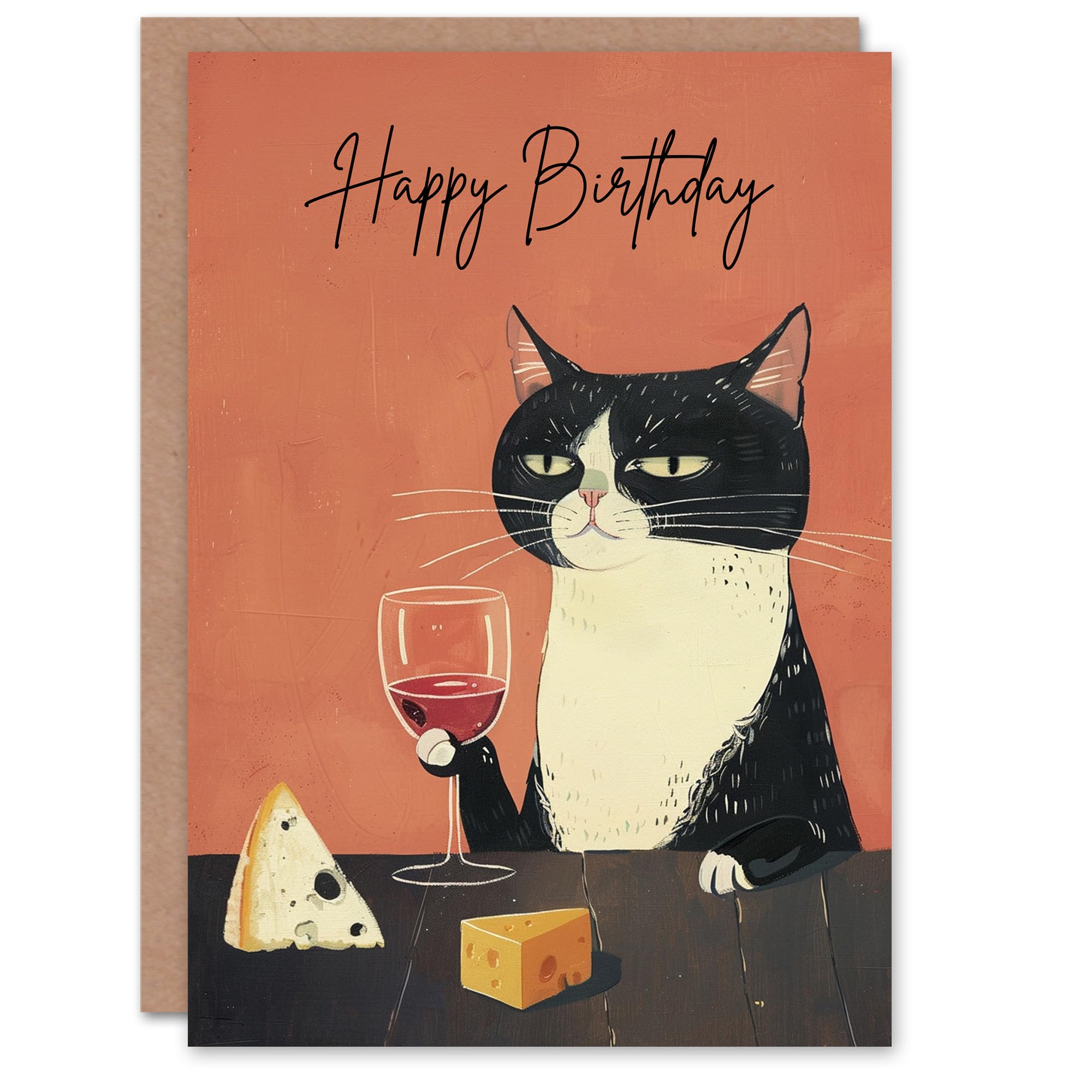 Artery8 Birthday Card Sophisticated Tuxedo Wino Cat Cheese Lover Fun Artwork For Him Her Man Woman Girl Boy Wife Husband Greeting Card