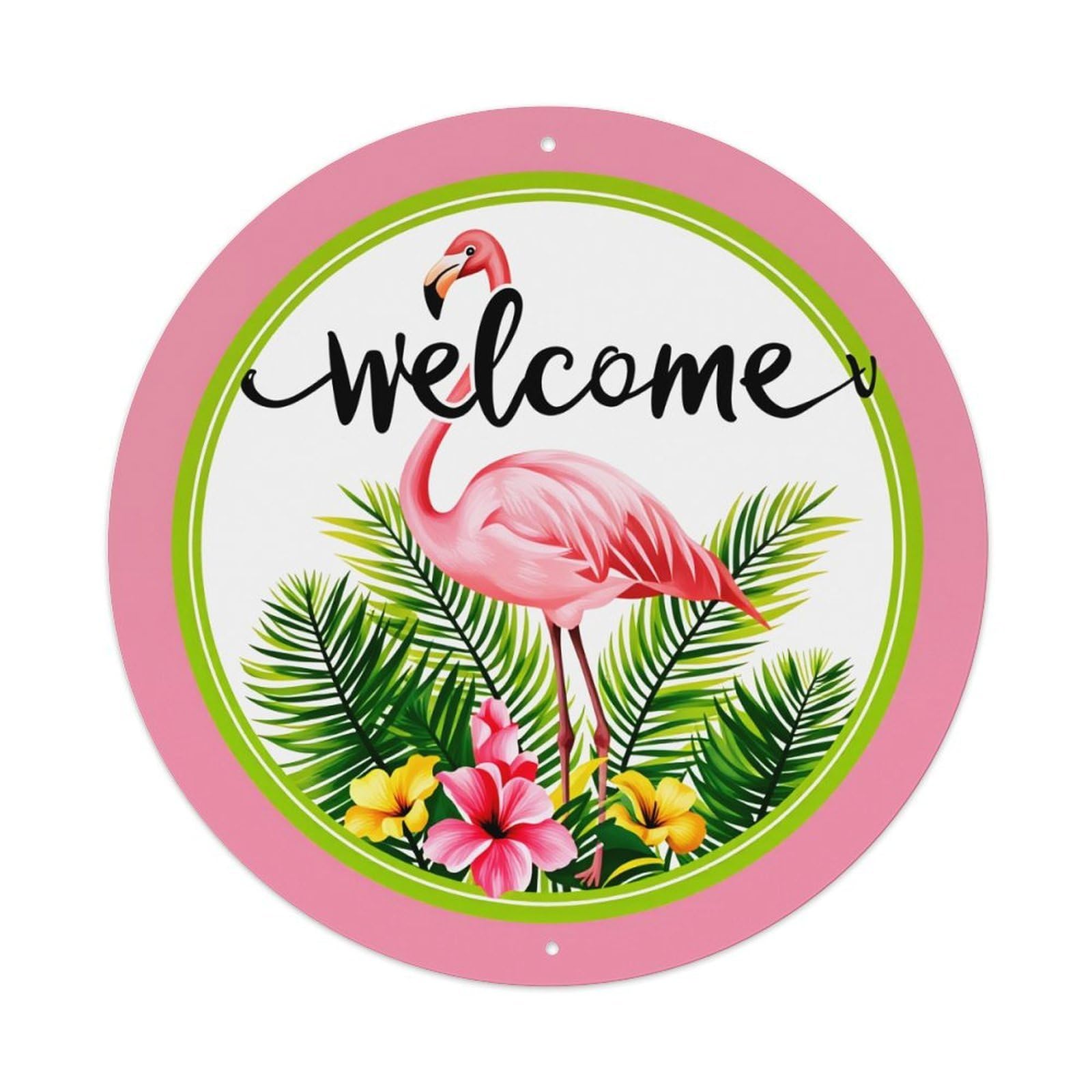 Flamingo Tropical Flowers Welcome Pattern_1 Round Tin Sign Vintage Metal Poster Retro Bar, Home, Man Cave, Kitchen, Laundry Room Wall Art Decor Gift 8x8Inch