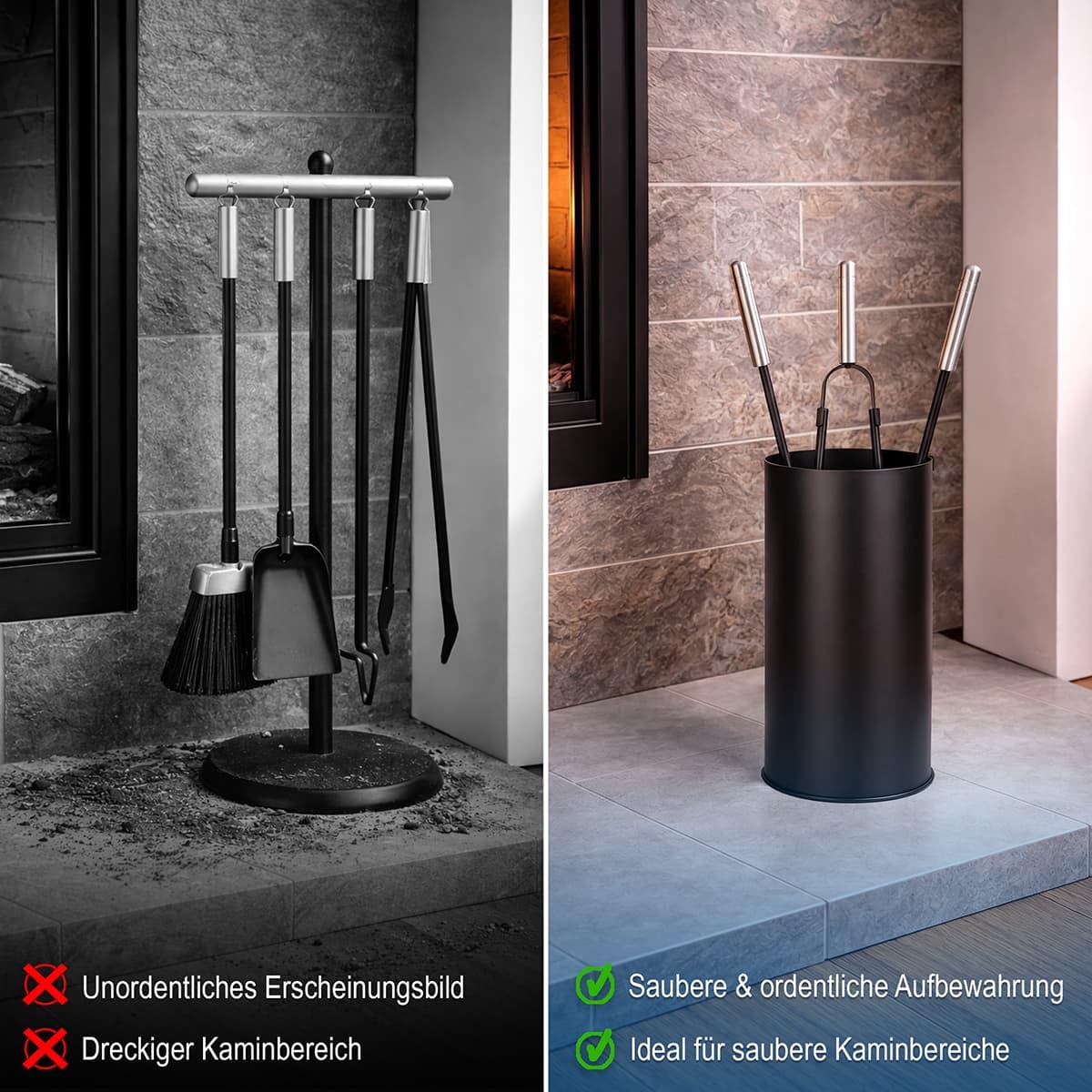 MS Beschläge Kaminbesteck 4-teilig schwarz pulverbeschichtet - Stahl Ofenbesteck mit Behälter & Edelstahlgriffen - Kamingarnitur modern Kamin Zubehör mit Zange Schaufel Besen - Kaminofen-Set elegant