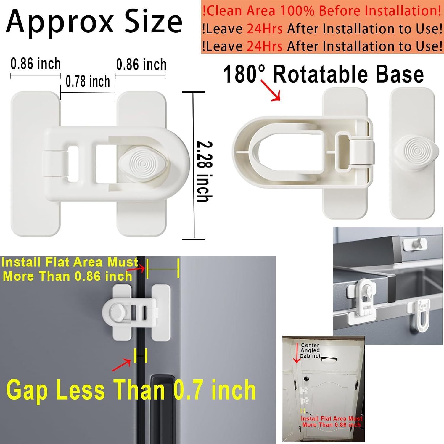 Child Safety Refrigerator Lock, No Drill Adhesive 180° Swivel 2PK | 90° Twist One-hand, fits French Freezer, Cabinet, Drawer. Renter friendly. Babyproof, Toddler & Petproof 2-pack for RV Camper