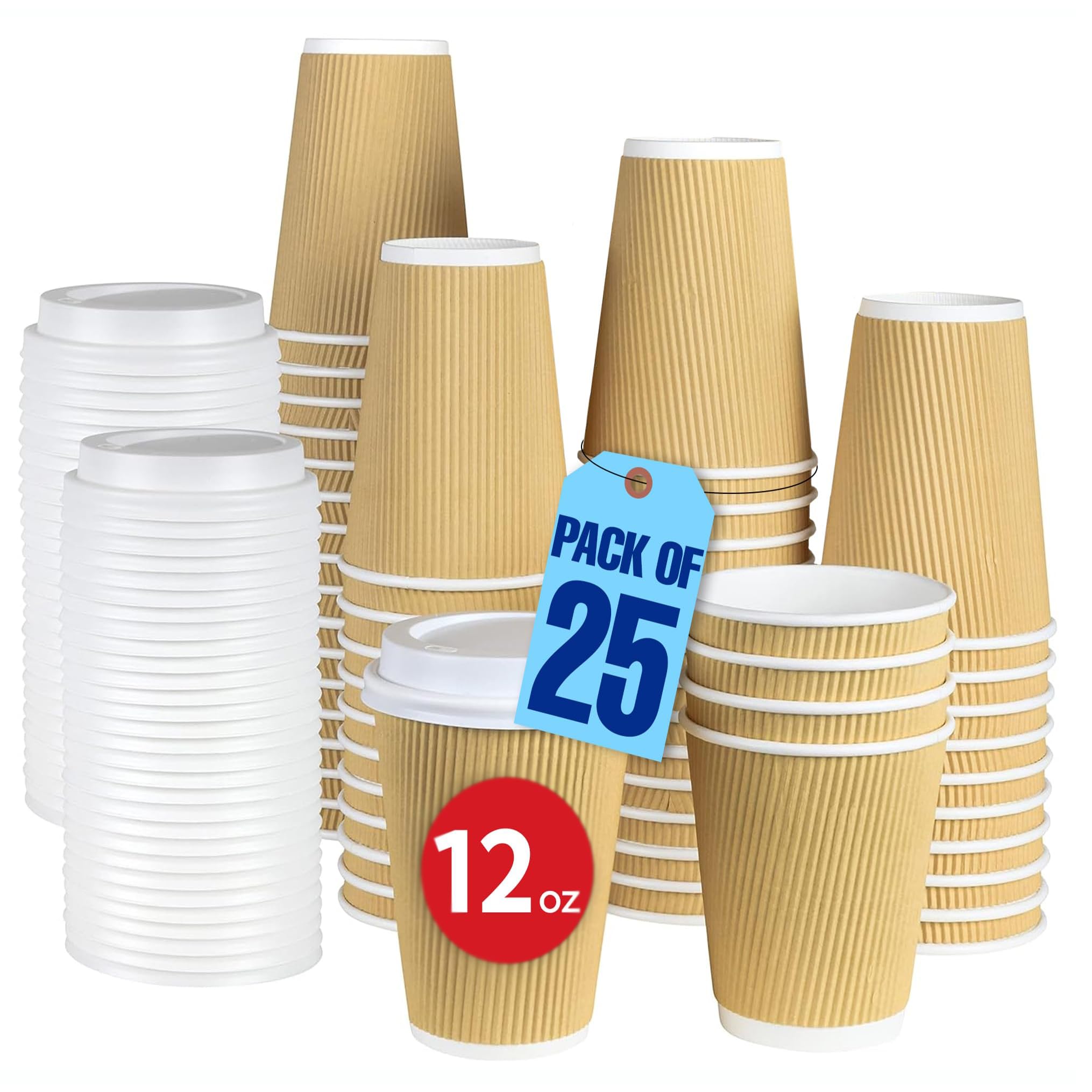 MARKQ [25 Sets] 12 oz. Brown Disposable Ripple Insulated Coffee Cups with Lids - Hot Beverage Corrugated Paper Cups