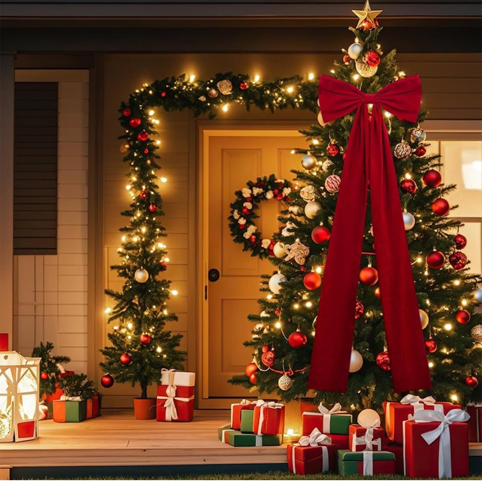 Nœud de tête de Sapin de Noël Décoration Couronne Rouge avec Longs | Grand Nœud De Noël 50 Cm X 180 Cm Pour Porche Extérieur Mur Fenêtre Porte D'Entrée Salon Maison Fête Des