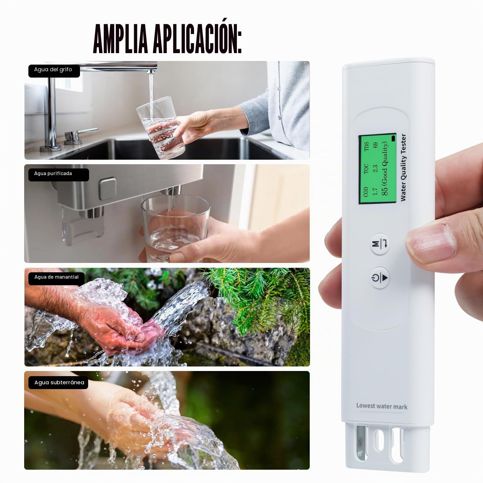 Probador de calidad del agua para agua potable, medidor TDS portátil 6 en 1 TOC, COD, EC, UV275, Temp&TDS, probador digital de calidad de agua potable para el hogar, RV, senderismo, camping, viajes,