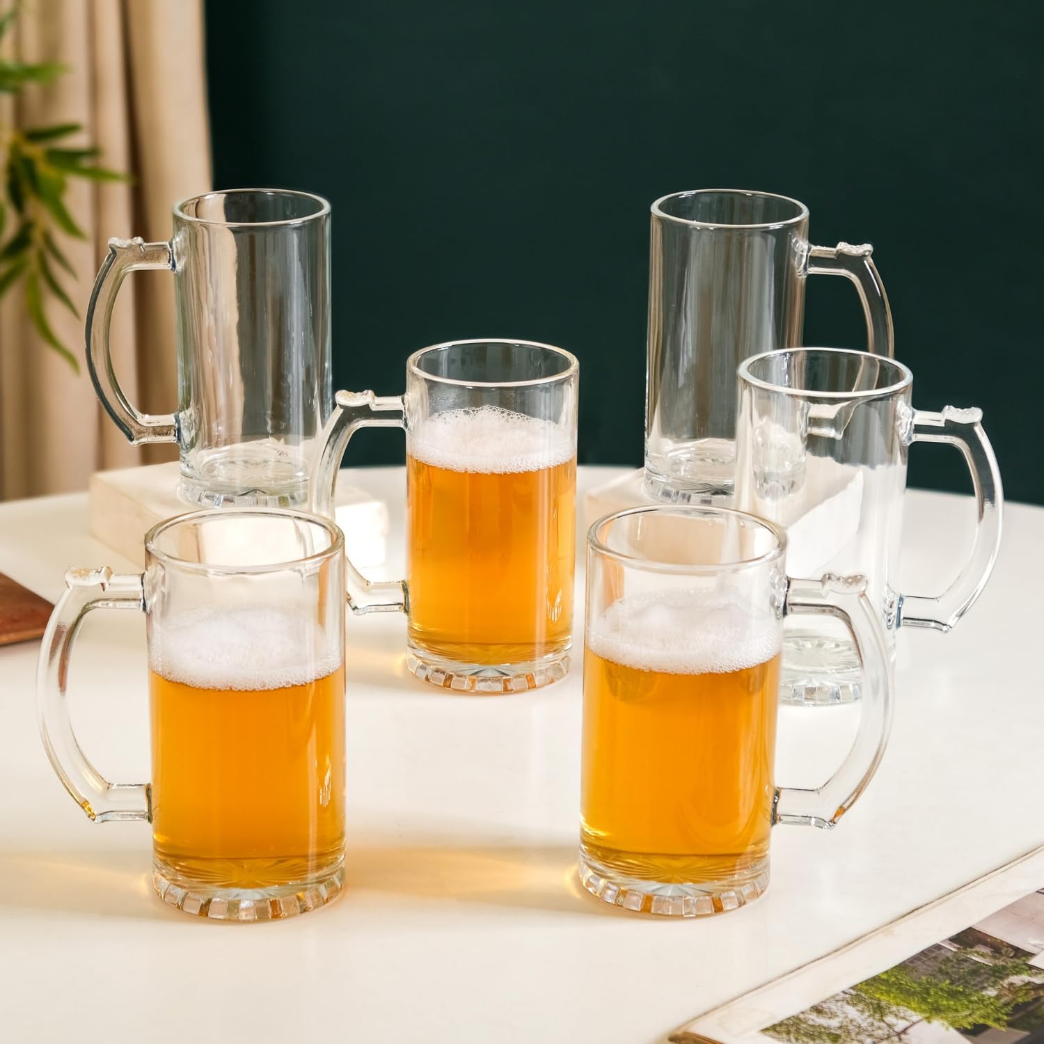 Nestasia Glass Beer Mugs Set of 6 | Thick-Walled, Durable, Lead-Free Drinkware with Easy-Grip Handle, Dishwasher Safe, 520 Ml