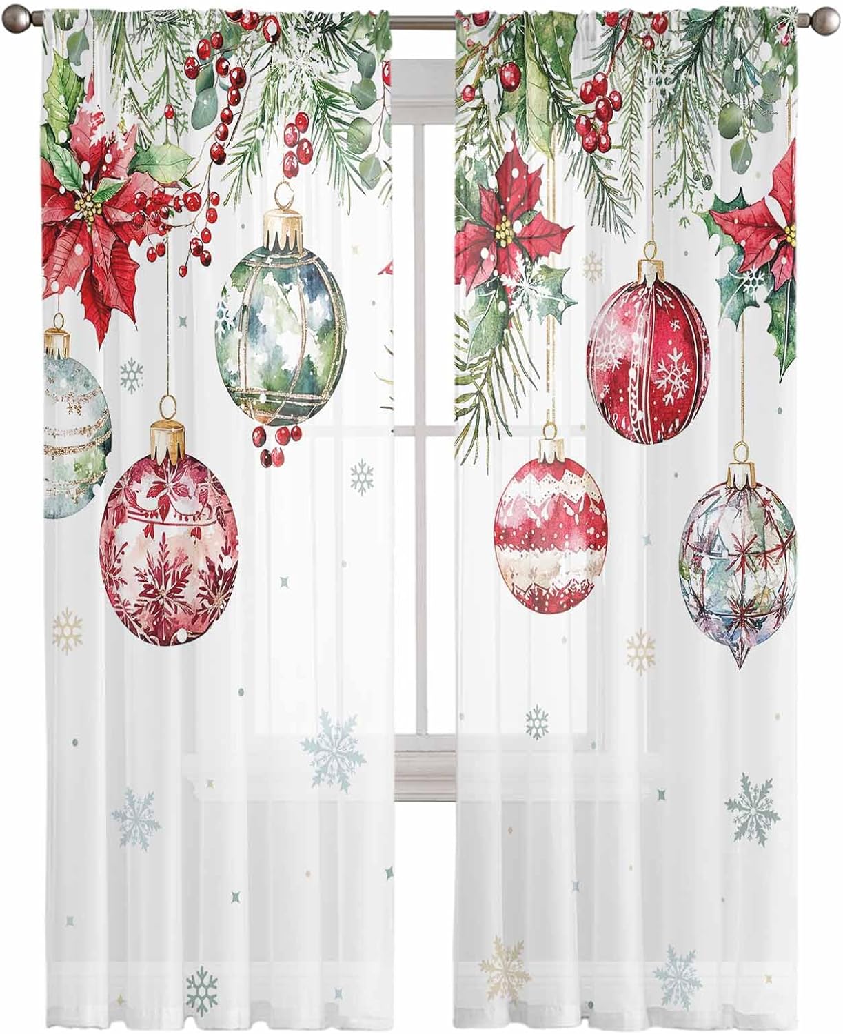 Christmas Sheer Curtains 72 Inches Long Christmas Balls Curtains for Living Room Pine Tree Branch Poinsettia Snowflake Light Filtering Semi Curtain Drapes for Bedroom Decor 2 Panels 52"W x 72"L