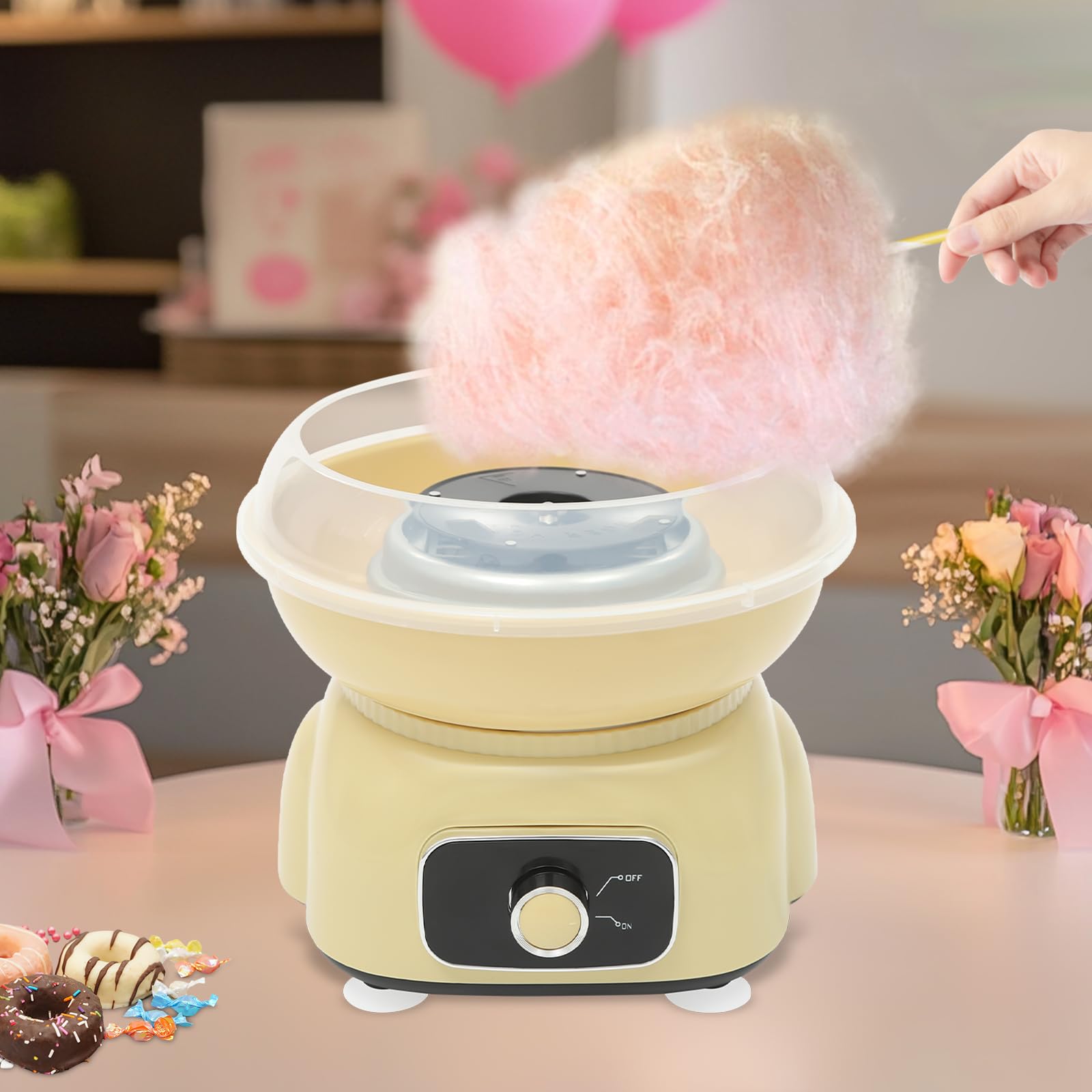 Máquina de algodón de azúcar con 10 varillas y cucharas medidoras, 500 W Cotton Candy Machine para fiestas en casa (amarillo)