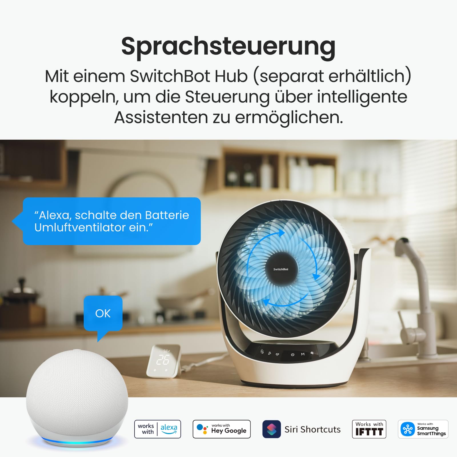 SwitchBot USB Tischventilator, leiser 24 dB Umluftventilator, Kompatibel mit Alexa/Google/Siri, 4 Modi, 9-Std-Timer