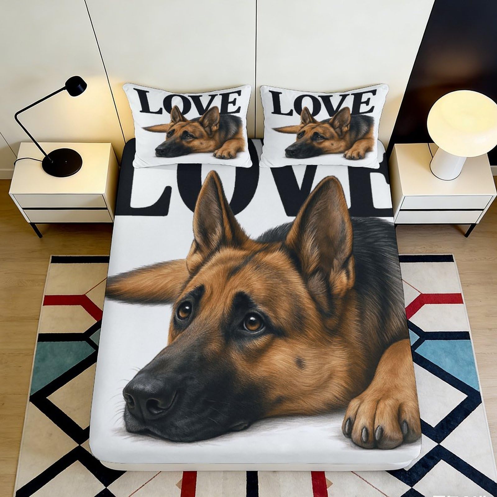3D Printed German Shepherd Dog Fitted Sheet Microfiber Soft Breathable Animal Love Bed Cover for Bedroom Guest Room Decor 120x200x25cm