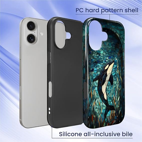 iPhone 17用ケース、ハイブリッド デュアルプロテクション ソフトTPU + ハードPC 耐衝撃カバー 傷防止 & スリム 保護 男女兼用 ケース ステンドグラス クジラ シャチ デザイン