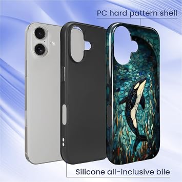 iPhone 17用ケース、ハイブリッド デュアルプロテクション ソフトTPU + ハードPC 耐衝撃カバー 傷防止 & スリム 保護 男女兼用 ケース ステンドグラス クジラ シャチ デザイン