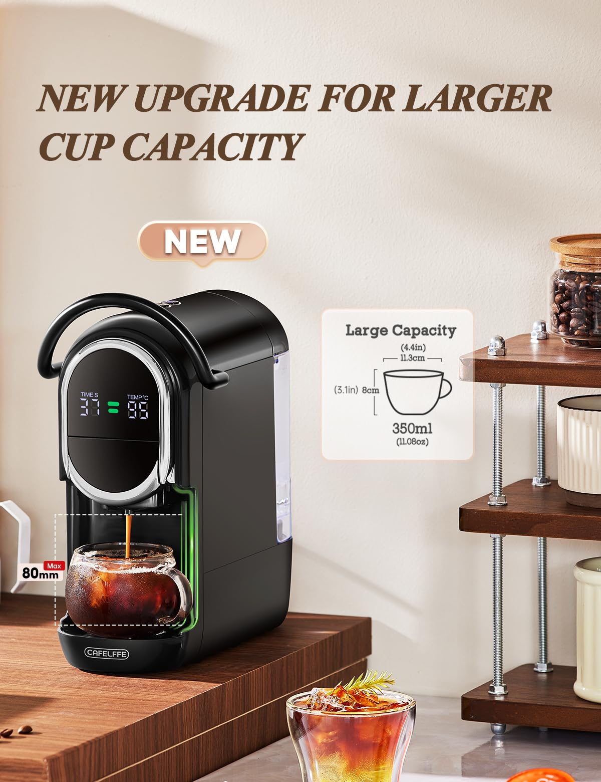 CAFELFFE Automatyczny ekspres do kawy na saszetki, 4 w 1, z regulacją temperatury i 7 wstępnie ustawionymi czasami parzenia, 19-bar ekspres do kawy NES/DG/ESE/mielonej kawy, czarny