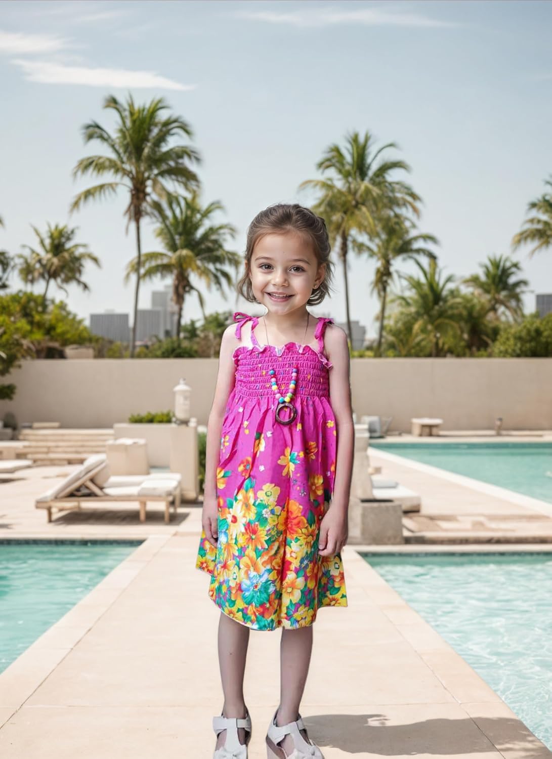 Girls Bohemian Dresses Floral Sleeveless Rainbow Beach Sundress with Necklace 2-12T - Image 2