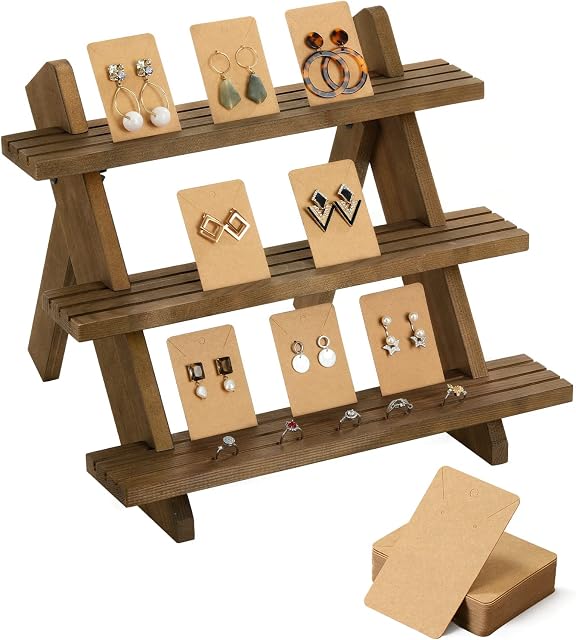 Emibele Earring Display Stand, 3-Tier Wooden Earring & Ring Holder Organizer Cascading Showcase Jewelry Stand Earring Cardboard Display Shelf Stand Card Holder for Tabletop Shows, Brown
