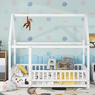 CITYLIGHT Full Size Floor Bed for Kids,Montessori Bed Full Size with Fence-Shaped Rails, Wood Full House Bed Frames for Girls, Boys(Full,White)