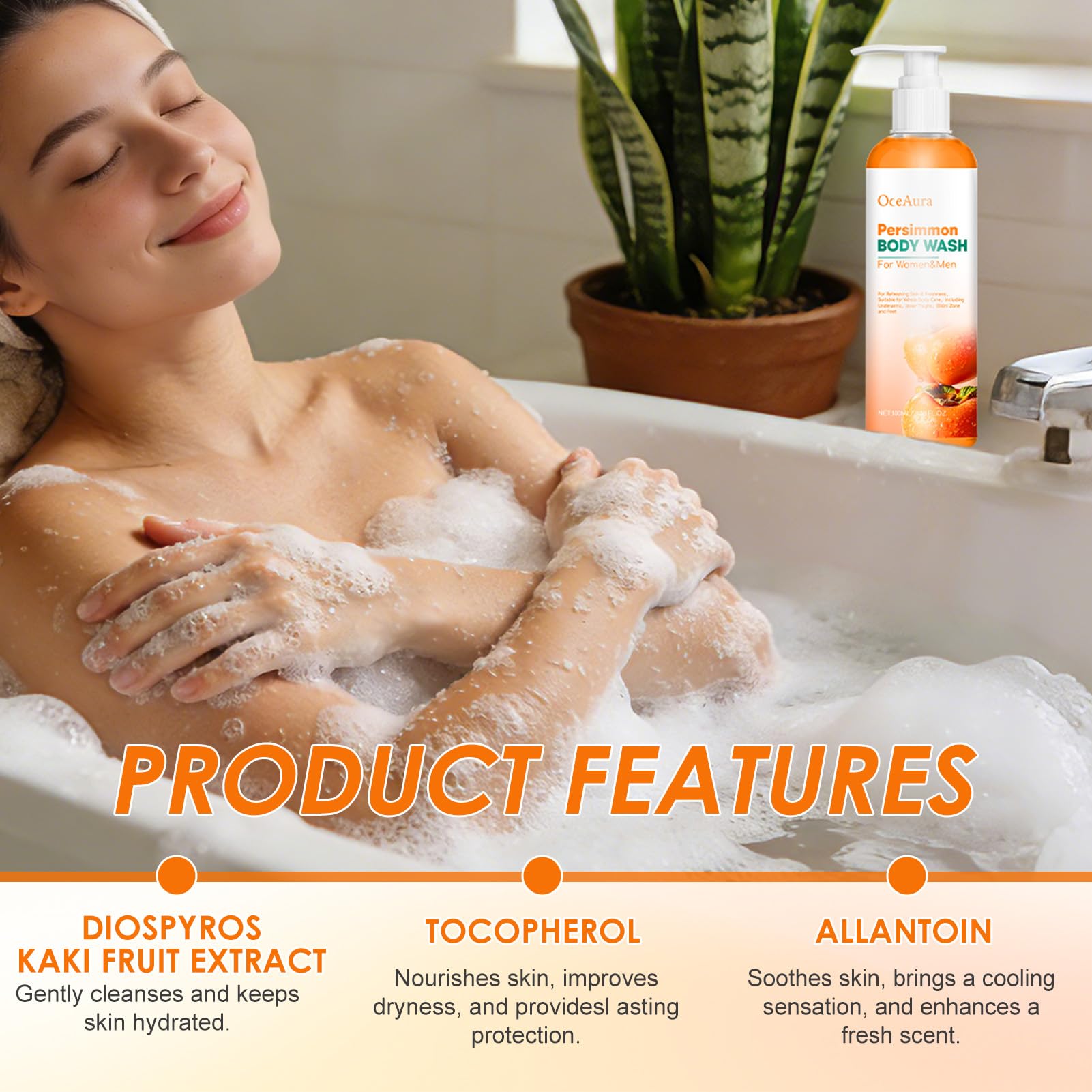 2 Persimmon Body Wash,Gel de Ducha de Caqui,Jabón Corporal de Caqui y Té Verde,Gel de Baño de Limpieza Profunda Hidratante Natural Eliminador de Olores — view 5