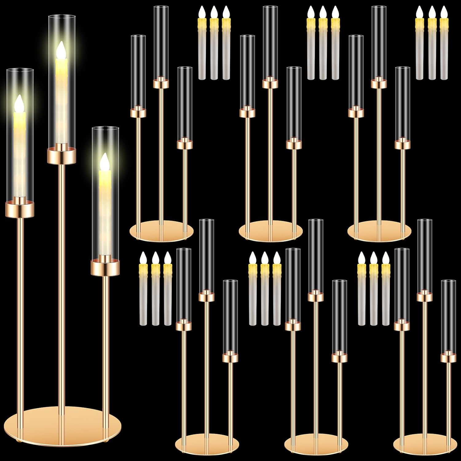 Tandefio 6 Sets Metal Taper Candlestick Holders with 18 LED Candles 3 Arm Gold Candelabra Centerpiece with Shade Circular Base for Table Centerpieces Home Wedding Party Decor