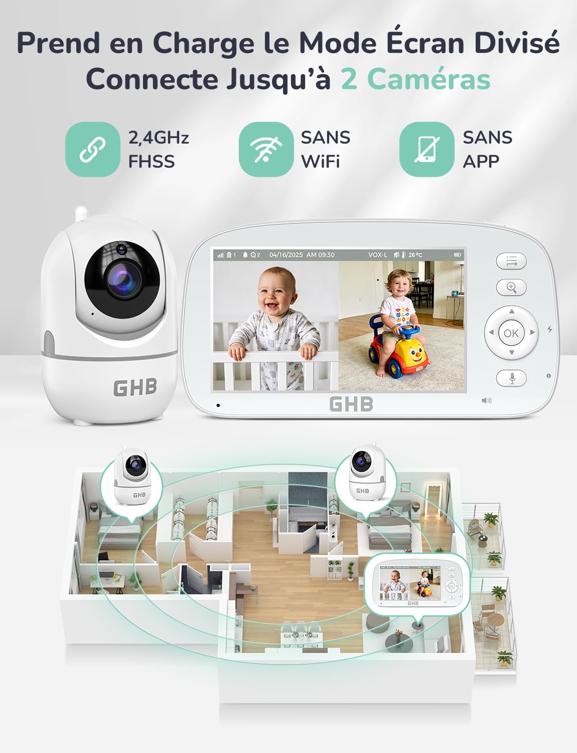 GHB Babyphone Camera Bebe Surveillance Rotation de 350°/110° Baby Phone Écran de 5" 2,4 GHz VOX Mode Capteur de Température Communication Bidirectionnelle 5 Berceuses Vision Nocturne sans WiFi