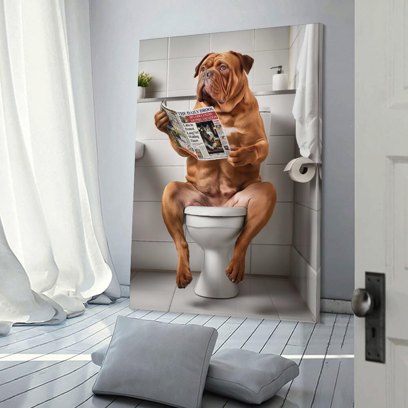 Junmoney Frame-Style-23 Hanging Wall Art Dogue De Bordeaux Bathroom, 24X36inch(60X90cm), For Entryway, Lounge Links Or Small Walls, A Neat Decor Update For Hallways